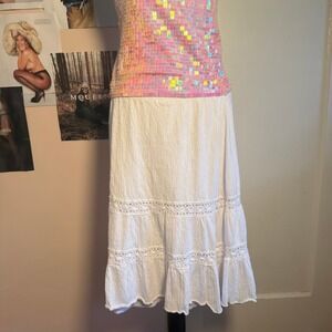 Y2K Xhilaration Cotton White Tiered Lace Midi Skirt